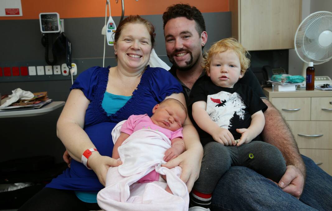 Warrnambool’s sleepy new biggest baby Rochelle Atkinson with mum Cindy Trew, dad Ayron Atkinson and big brother Alexander, 2.