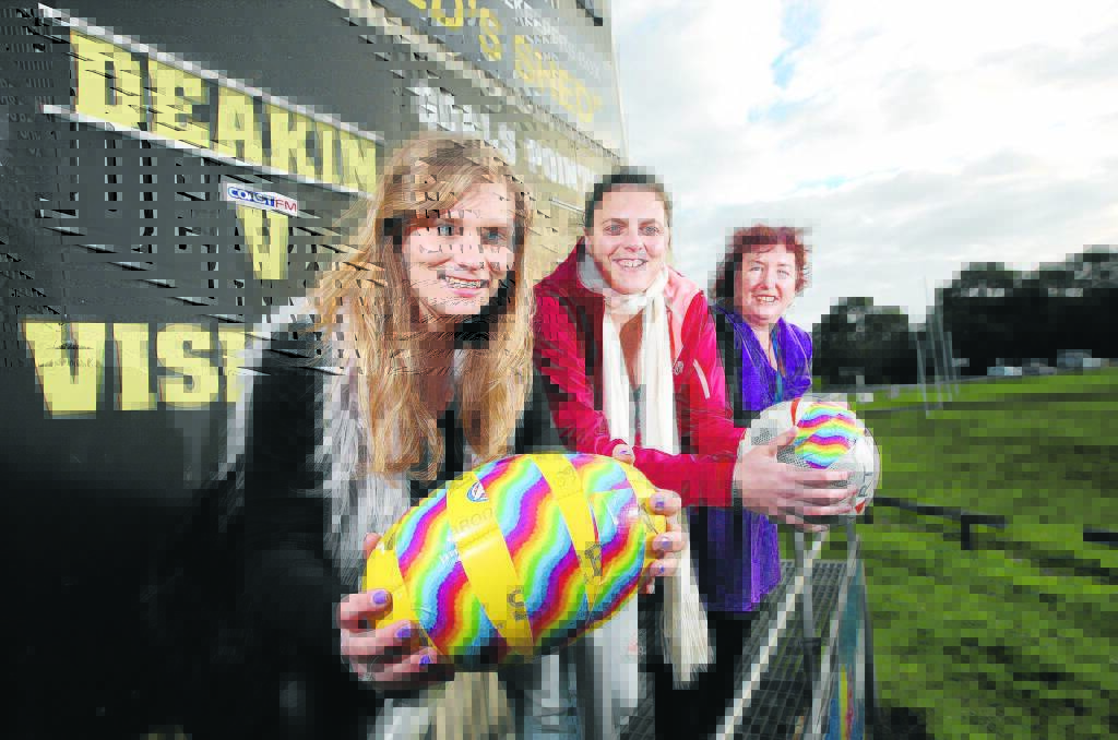 South West TAFE’s diploma of community services students Mary Bourke (left) and Lisa Anders and teacher Wendy Lever are organising “LGBT Pride” football and netball matches for this weekend. 