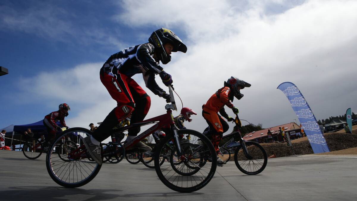 Geelong’s Tasman Porter gets a start in the 10-11 years novice girls’/boys’ event at the Warrnambool BMX Open and Pro Tour round 4 at Jetty Flat on Sunday.