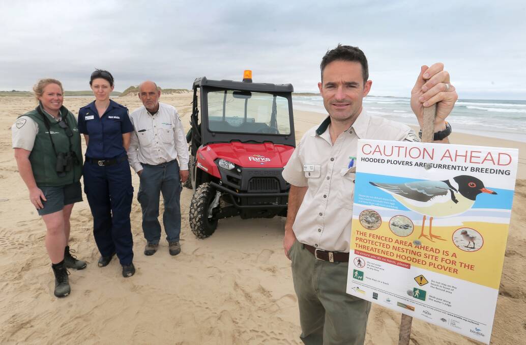 Parks Victoria rangers Robyn Bush (left), DEPI wildlife officer Roberta Campbell, Brett Hardy and Darren Shiell will be patrolling the beaches to protect hooded plovers. 141202RG24 Picture: ROB GUNSTONE
