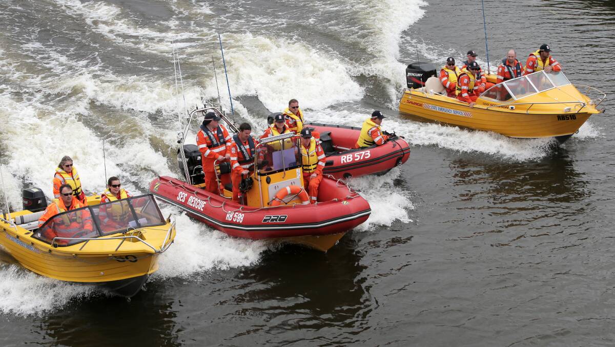 Help is on the way: SES crews from Dartmoor, Hamilton, Colac and Warrnambool race to the scene of yesterday’s ‘disaster’ on the Merri River. 