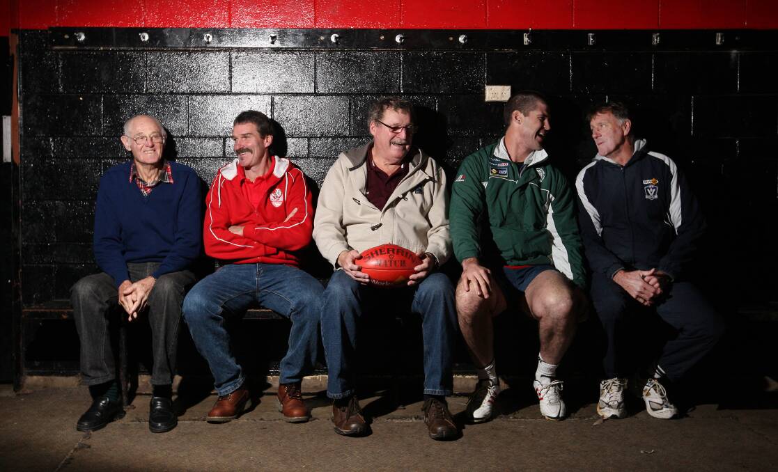 South Warrnambool exports (from left) Bob Nisbet (Hawthorn), Darren Bolden (Fitzroy), Kevin ‘Cowboy’ Neale (St Kilda), Jonathan Brown (Brisbane) and Alan Thompson (Fitzroy) are all expected to attend this weekend’s reunion.   150505AS23 Picture: AARON SAWALL