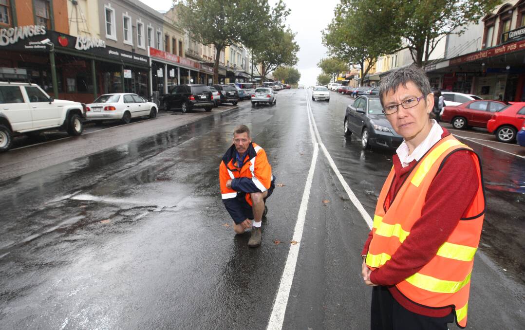 Warrnambool City Council’s construction engineer Don Allen and city renewal manager Tanya Egan inspect the section of Liebig Street where resurfacing work will begin on Monday.   140502AM11   Picture: ANGELA MILNE