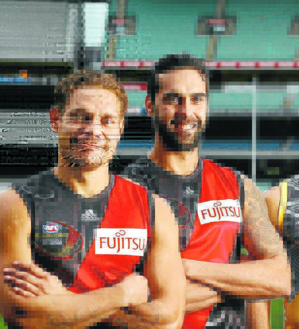 Bombers Leroy Jetta (left) and Courtenay Dempsey are all set for Dreamtime At The ’G tonight, with their guernseys bearing a touch of Gunditjmara about them. 