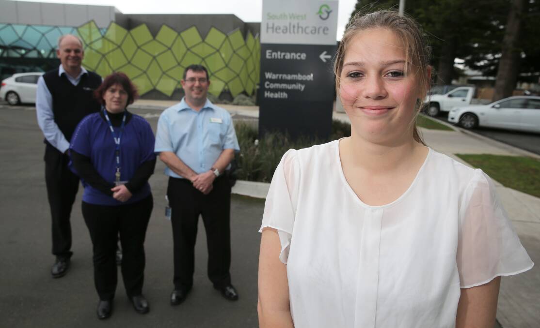 Indigenous healthcare initiative trainee Emily Alberts, 17, with (from left) Anthony Smith of Westvic Staffing Solutions, Anne-Marie Banfield of South West TAFE and James McInnes, Aboriginal health manager with South West Healthcare. 150514RG12 Picture: ROB GUNSTONE