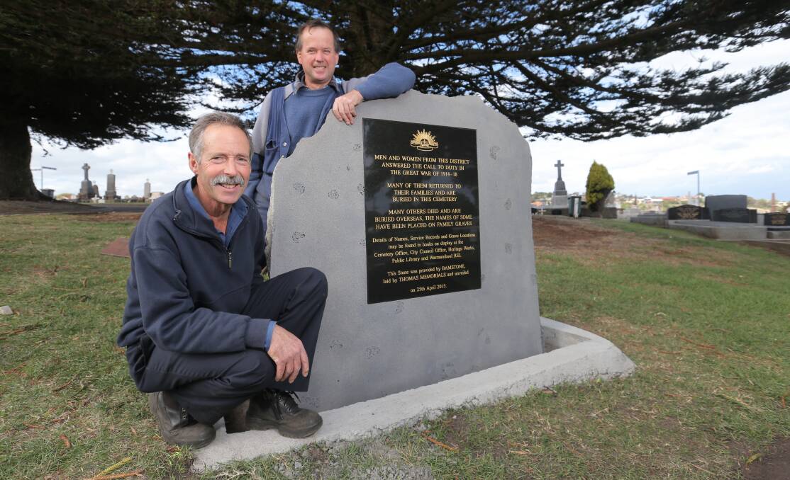 Cemetery manager David McKenzie (left) and stonemason Geoff Pulham with the new memorial for servicemen and women who did not return from World War I. 150421VH32 Picture: VICKY HUGHSON