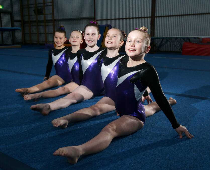 Warrnambool Springers level three gymnasts headed to the state pennant are Catie Ragg, 10 (left), Kalani Plant, 10, Kaitlyn Lane, 12, Lily Jenkins, 8, and Bridget Haberfield, 9. 140813AS01 Picture: AARON SAWALL