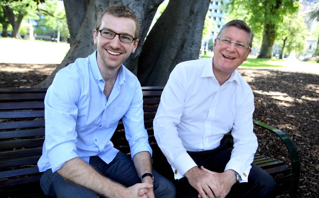 Premier Denis Napthine and his son Tom enjoy a laugh during the election campaign.  Picture: The Age