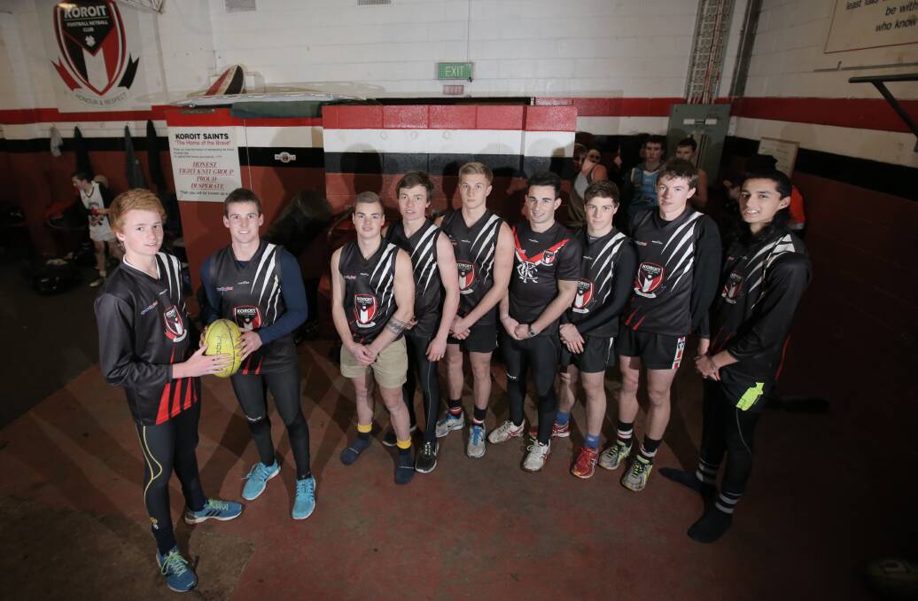 Fifteen-year-old Willem Drew (left), lines up with fellow young Saints Jesse White, Tom Moir, George Swarbrick, Matt Bushell, Jayden Brennan, Blair McCutcheon, Tom Lynch and Jarrod Korewha at a Koroit training session this week. 140731VH21 Picture: VICKY HUGHSON
