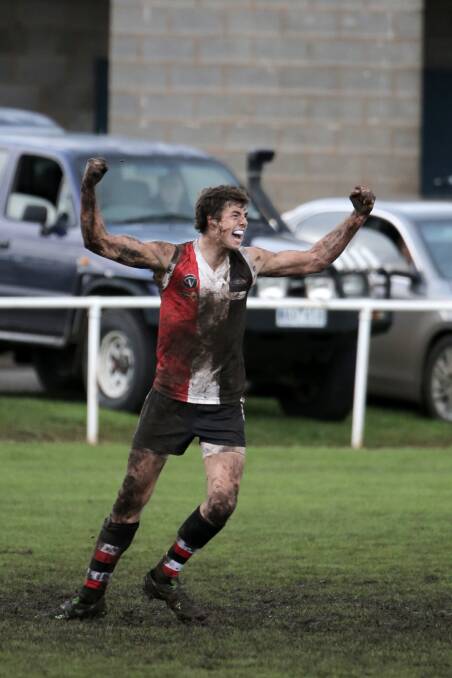 Koroit’s Jeremy Hausler celebrates the goal to seal his side’s victory after being 43 points down against Terang Mortlake on Saturday. 