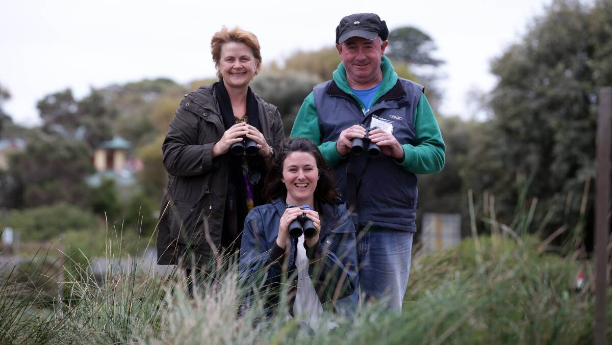  Toni Ryan (left) from Tower Hill, and James Smith, from Port Fairy, with Dr Grainne Maguire, from Birdlife Australia. 