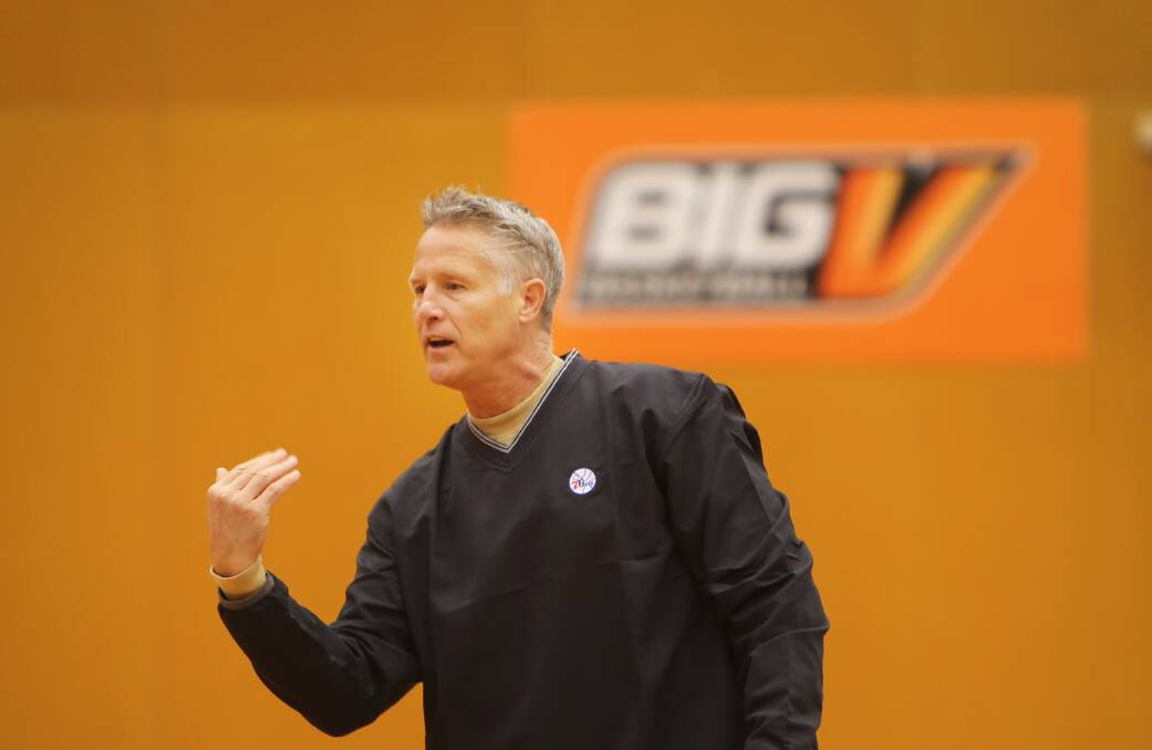 Philadelphia 76ers NBA coach Brett Brown shares some basketball tips with coaches at Warrnambool’s basketball stadium yesterday.     140810AM17  Picture: ANGELA MILNE