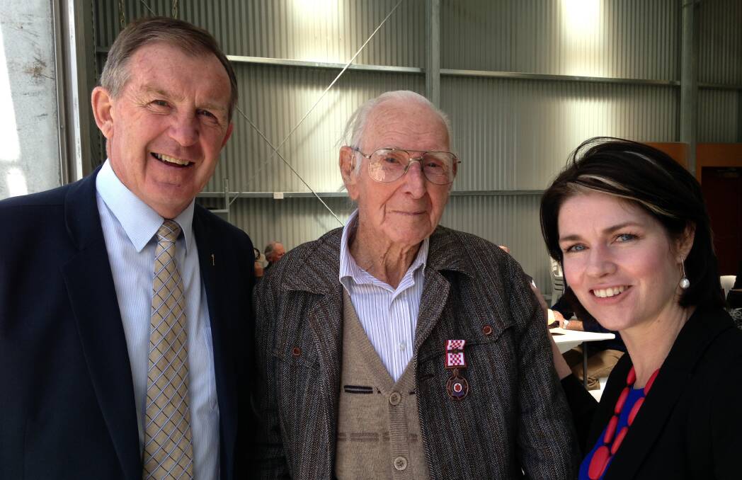 National Party candidate Emma Kealy with retiring MP Hugh Delahunty (left) and 60-year CFA member Colin Johnstone at the opening of the Hensley Park fire station in October.