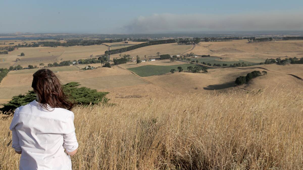 Colleen Baxter, of Cobden, watches from the top of Mount Leura in Camperdown, as smoke rises from the Stoneyford fire.