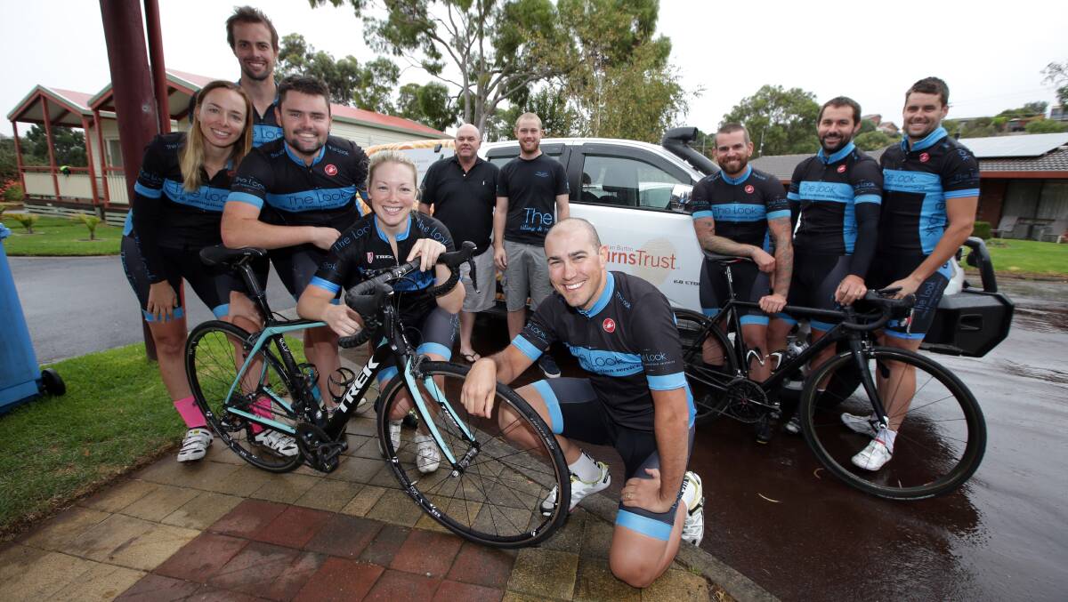 Megan Davis, Pete Davis, Nathan Ross, Jess Miller, support staff Mick Ross and James Wilkinson, Joe Mariano, Adam Binetti, Sam Szalbot and Ken Ross are riding from Adelaide to Melbourne to raise money for Burns Trust. Picture: DAMIAN WHITE
