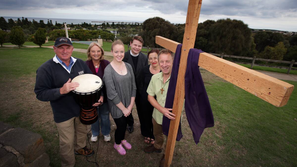 Combined churches which hold the Good Friday Way of the Cross starting at Cannon Hill, including Trevor Fraser, Marilyn Woodward, Eliza Sully, Rev Matthew Crane, Anna Schlooz and Reverend Malcolm Frazer. Picture: DAMIAN WHITE