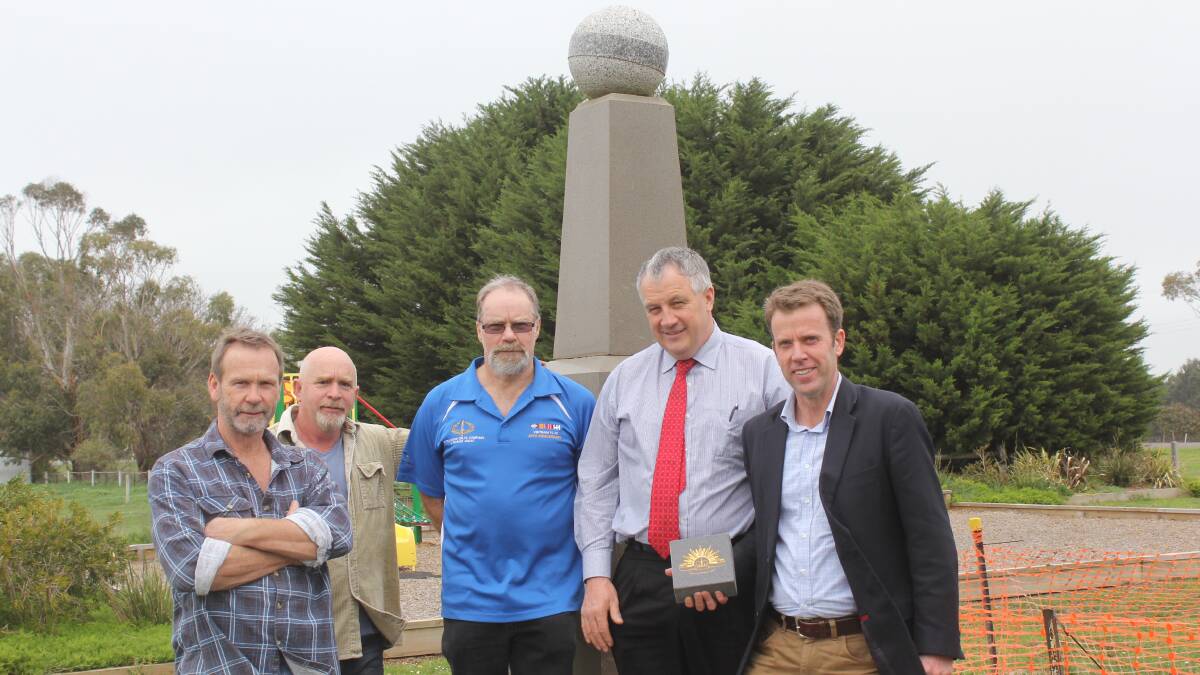 Members of the Woolsthorpe Progress Association last year: Paul Daly, Dennis Richardson, Ray Walker with Moyne Shire councillor Colin Ryan and member for Wannon Dan Tehan at the Woolsthorpe War Memorial.