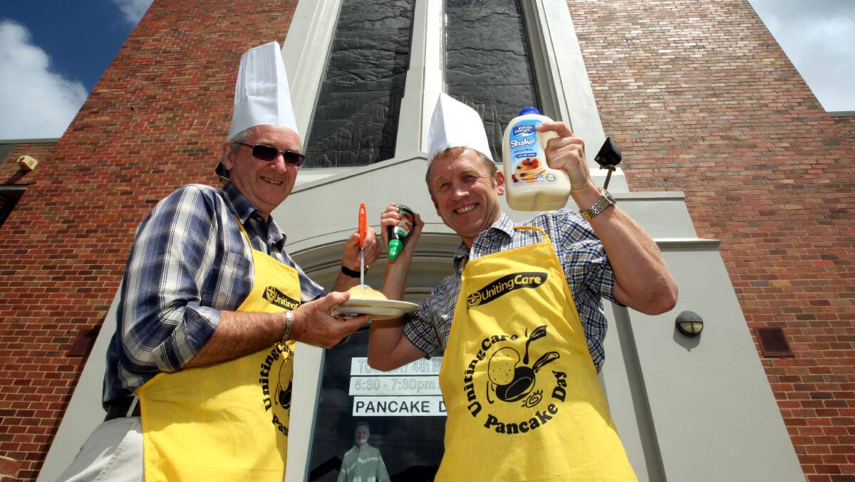 Barrie Baker and Minister of Uniting Church Warrnambool Reverend Malcolm Frazer before Pancake Tuesday at the Uniting Church. 
Picture:LEANNE PICKETT