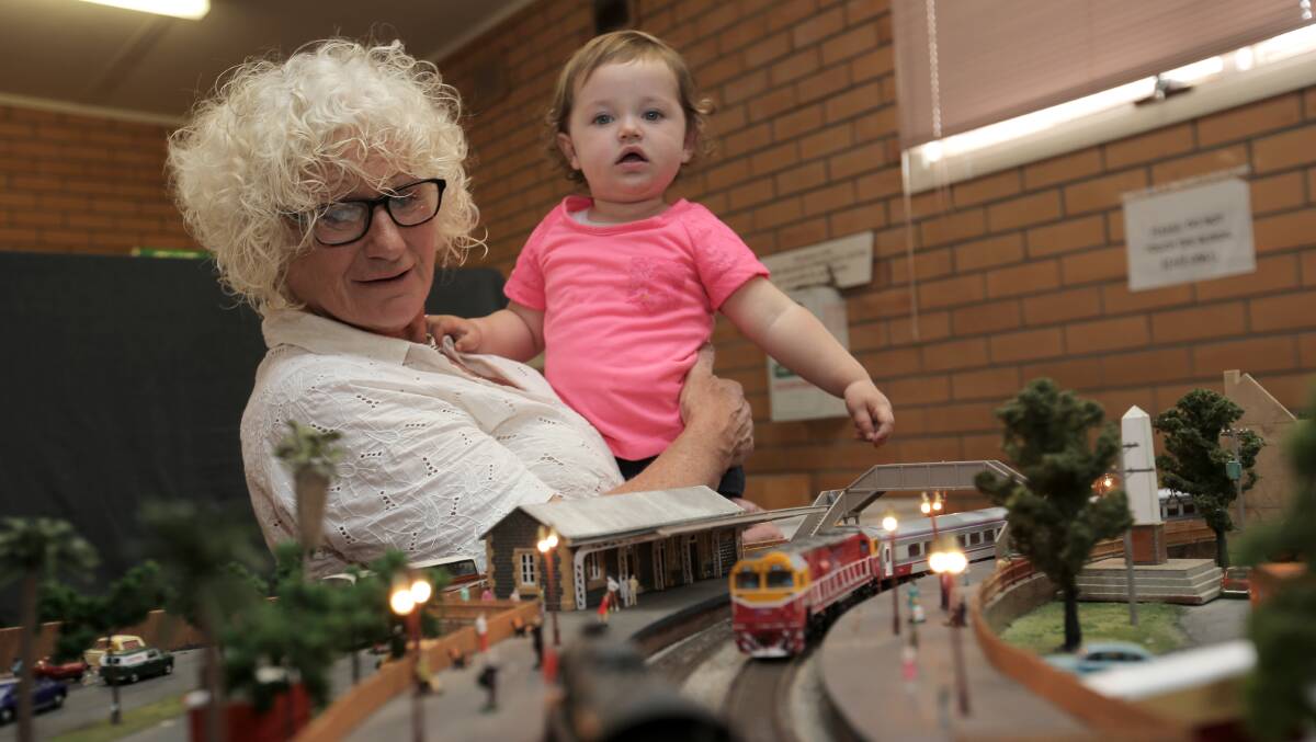 Melody Brisbane, from Childers Cove, and granddaughter Chelsea Brisbane, 18 months of Warrnambool, enjoy the model train display. 