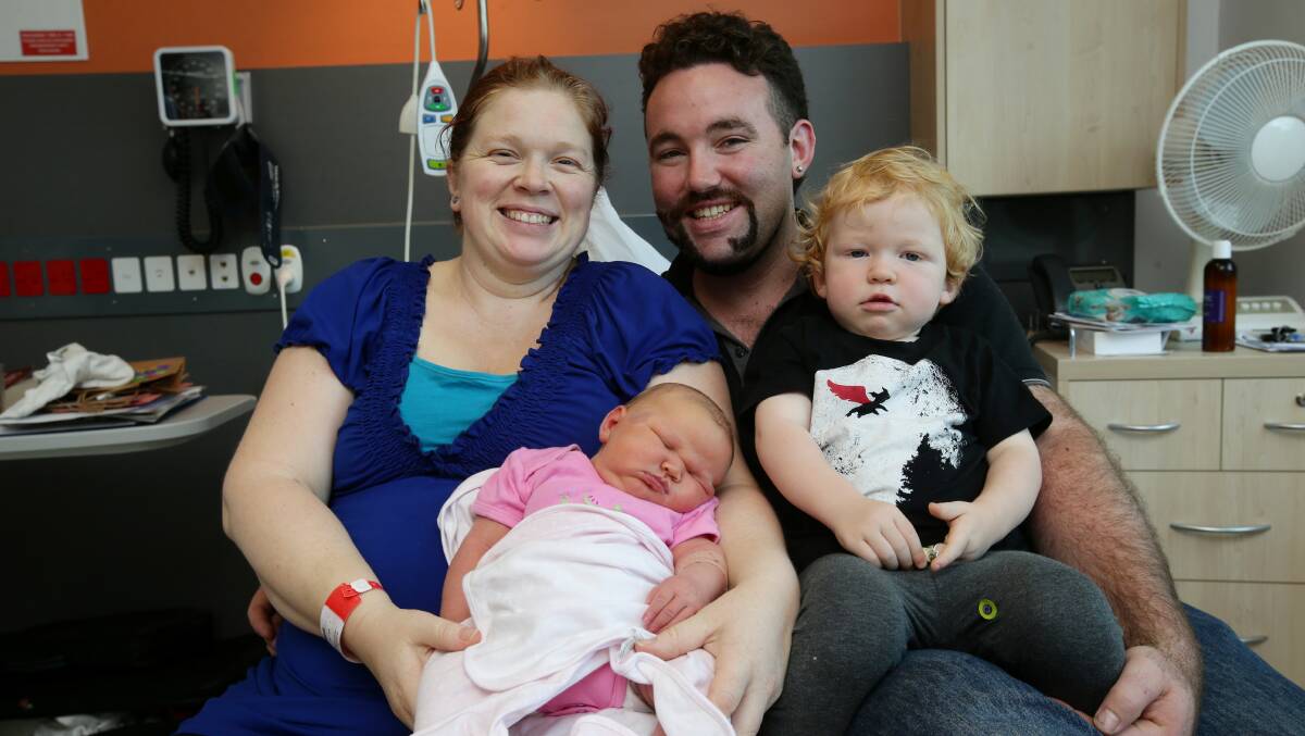 Warrnambool's new biggest baby weighed in at 6.54 kgs (14 pounds 7 ounces). Cindy Trew and Ayron Atkinson are the parents, pictured with baby Rochelle Atkinson and son Alexander Atkinson, 2. Picture: AARON SAWALL