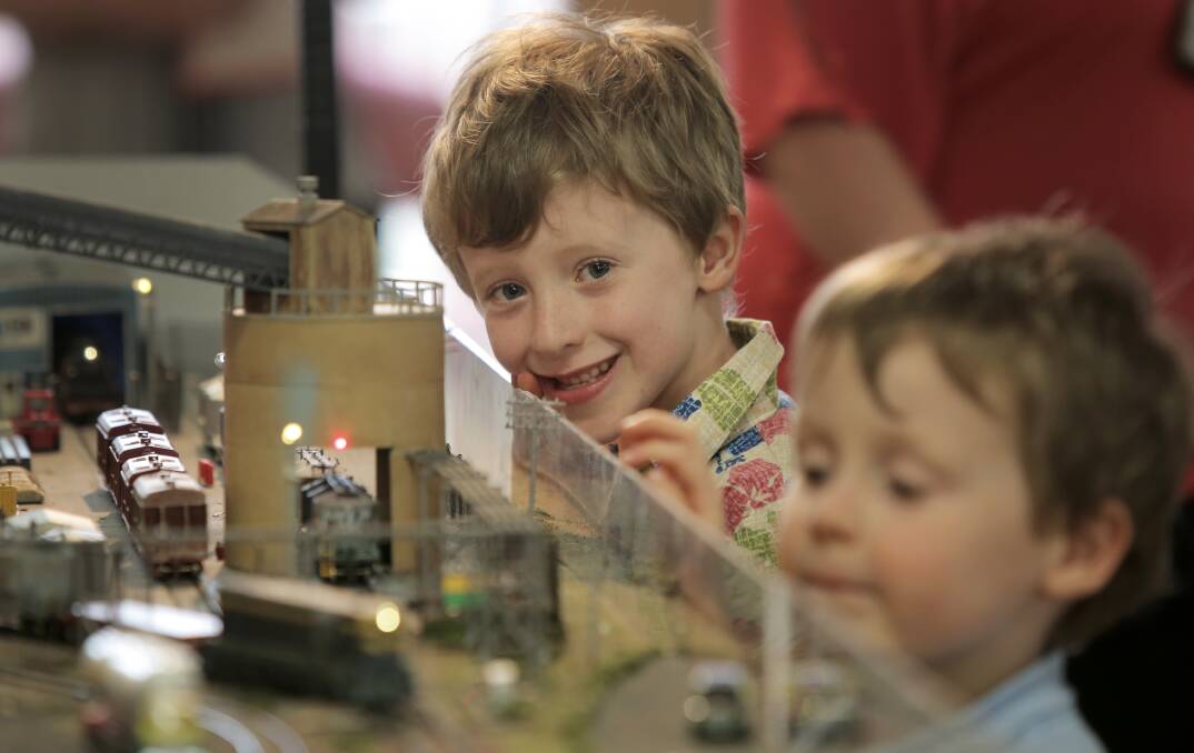 Young train enthusiasts Jamie Noble, 6, and Lachlan Noble, 4 both of Ballarat, enjoy the train displays. 