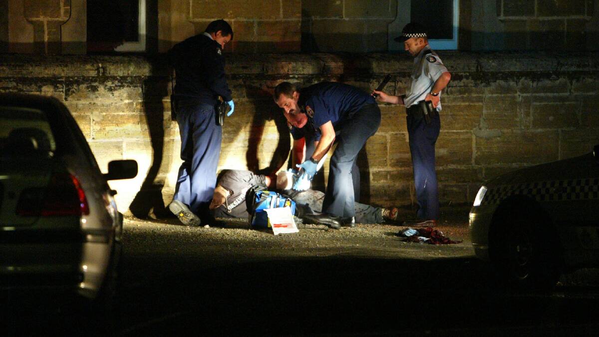 A young male with a badly cut left arm collapsed in front of Christ Church Hall in Koroit Street.
