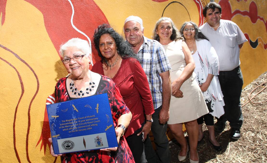 Elders and Respected Persons celebrating 10 years of the Koori Court: Aunty Laura Bell, Koori Court officer Patricia Clarke, Uncle Lenny Clarke, Denise Lovett, Aunty Christina Saunders and Michael Bell.