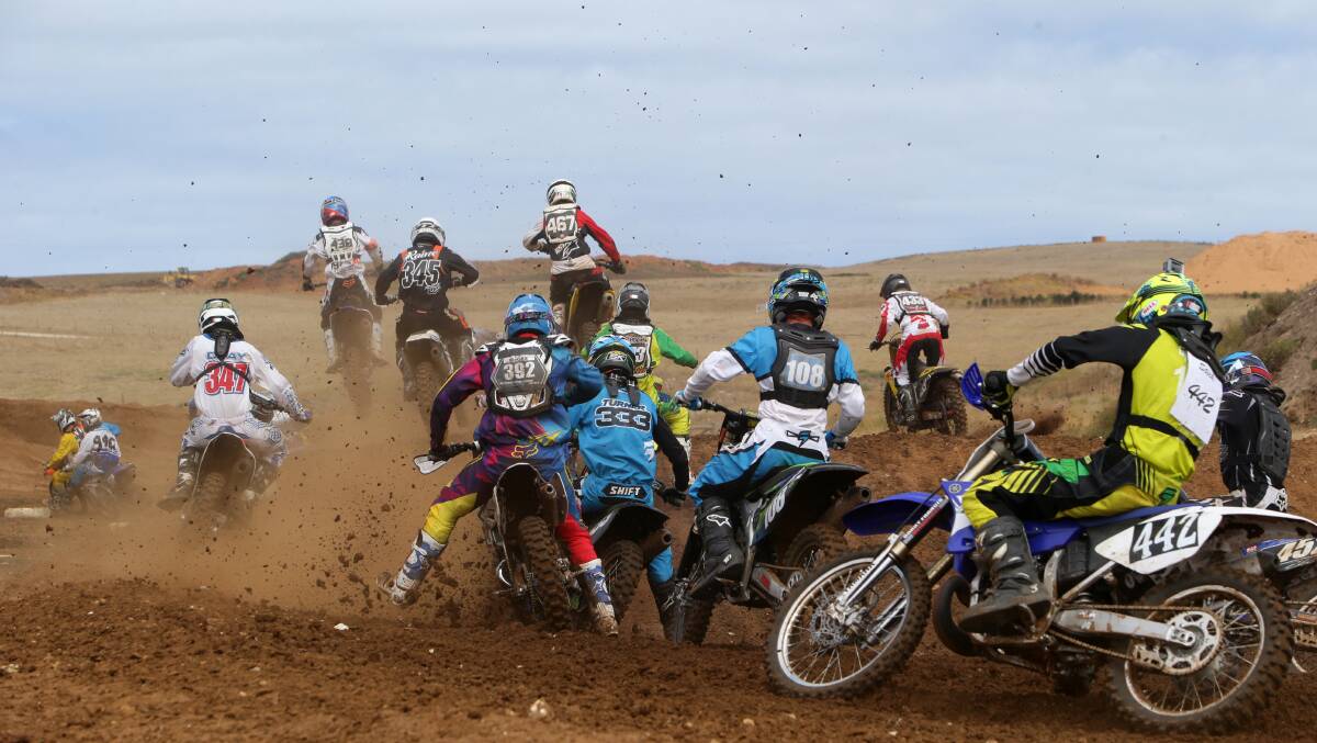 The first jump in Race 12 at the Western Region Motocross series, round one, at Lake Gillear. Picture: AARON SAWALL