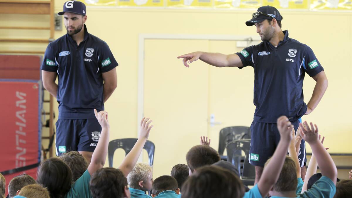 Shane Kersten and Jimmy Bartel answer questions from Warrnambool West Primary students.