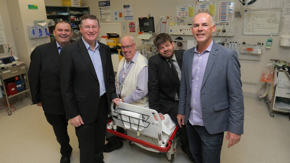 Premier Denis Napthine announced $500,000 of funding for alcohol and drug response in the Emergency Department at South West Health Care, pictured with(from left) South West Healthcare addiction medicine physician Rodger Brough, chairman John Maher, emergency physician Tim Baker, and CEO John Krygger. Picture: VICKY HUGHSON