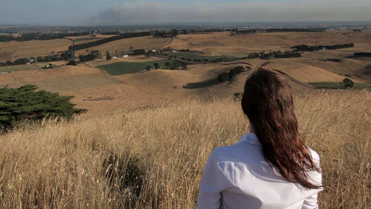 Colleen Baxter, of Cobden, watches from the top of Mount Leura in Camperdown, as smoke rises from the Stoneyford fire.