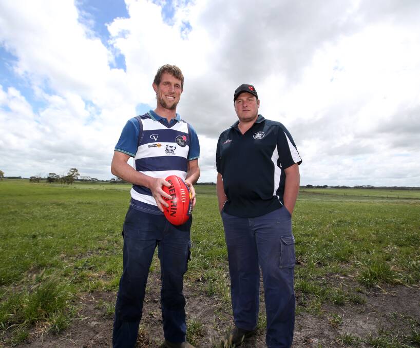 HELPING HAND: Dairy farmers Brett Membrey and Ben Holloway will share coaching duties for Allansford's senior footy team in 2017. Picture: Amy Paton
