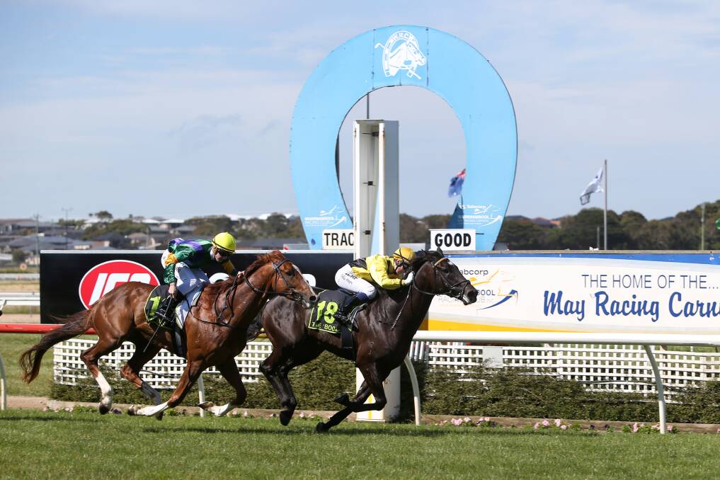 WINNER: Judges, ridden by Tahlia Hope and trained by Daniel Bowman, crosses the line ahead of Lord Tennyson in the Port Fairy Cup. Picture: Amy Paton