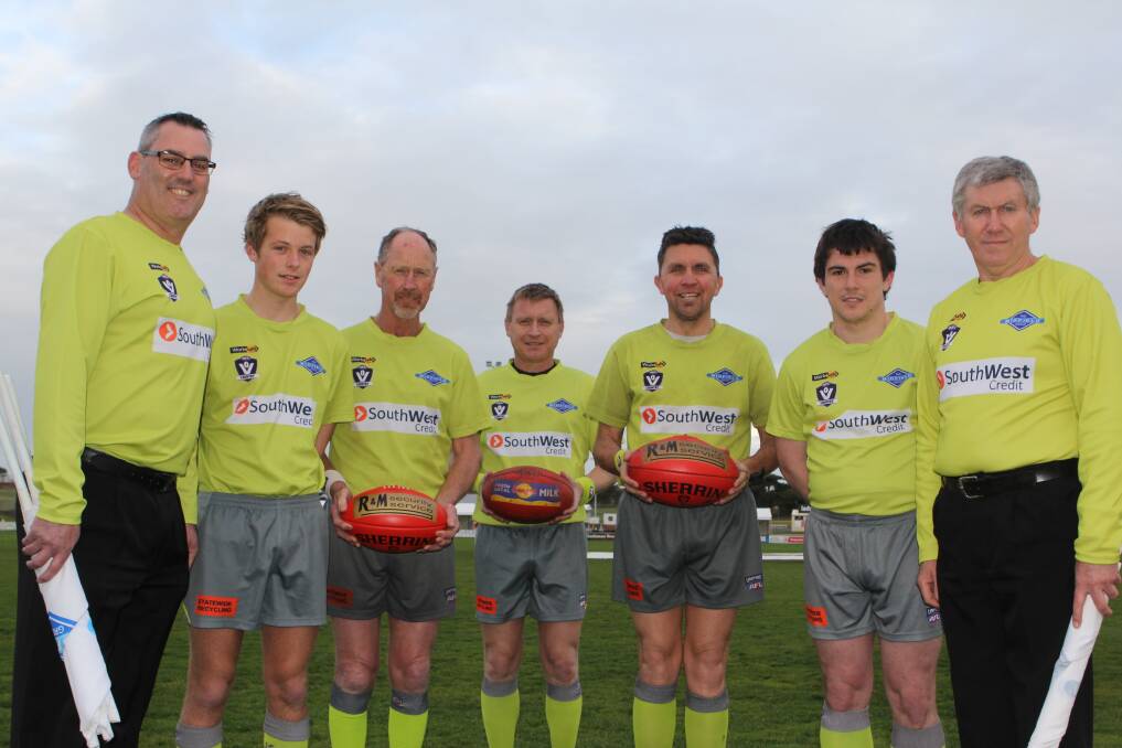 THE OFFICIALS: (left to right) Ashley Jennings, Nick Bellman, Mick Soulsby, Casey O'Keefe, Mick Lowther, Lachlan Mahony and Pat Nolan will officiate the WDFNL senior football grand final. Picture: Susie Giese