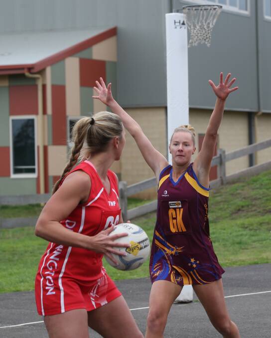 Dennington coach Katie Burt looks to get the ball past South Rovers' Holly Snaauw. Picture: Vicky Hughson