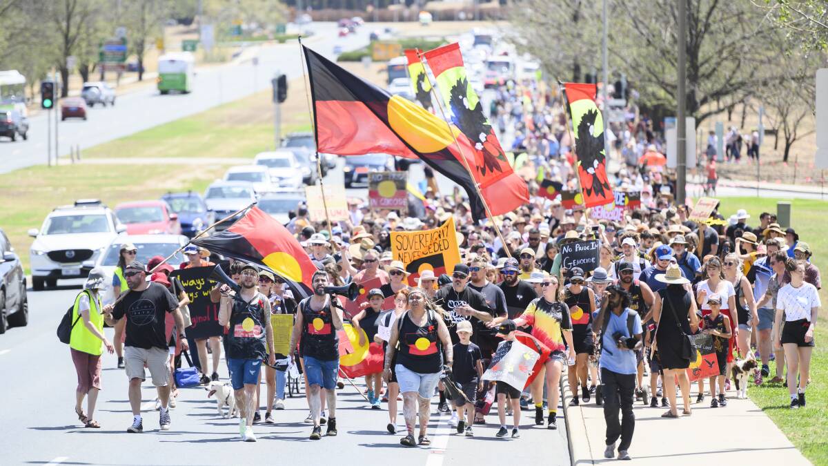 Protesters walk to Parliament House for the annual Survival Day march on January 26, 2020. Picture: Getty Images