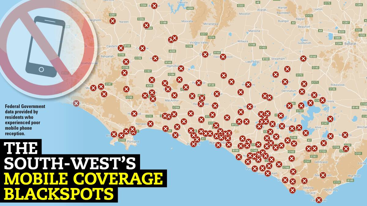 LITTERED: A map of the south-west showing the 150 mobile phone coverage blackspots identified by residents.