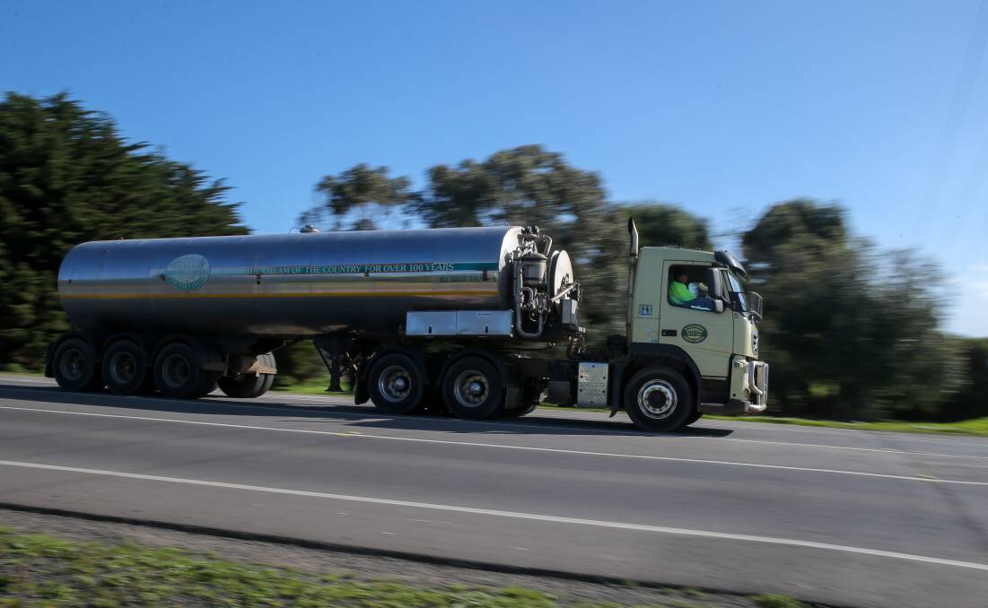 LOADED UP: A Warrnambool Cheese and Butter milk tanker makes its way back to the factory. Picture: Rob Gunstone