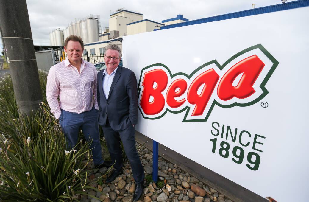 EXPANSION: Bega CEO Paul van Heerwaarden and Bega Cheese chair Barry Irvin outside the Koroit Bega office. Picture: Morgan Hancock