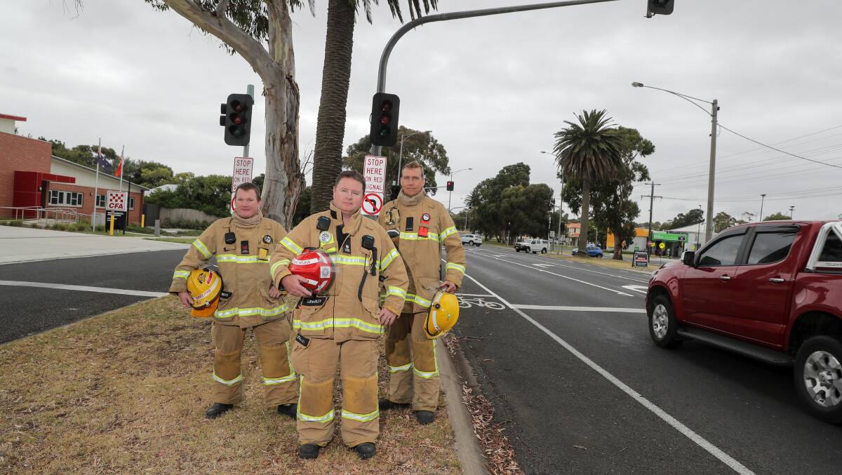 Driver plea: Warrnambool CFA members leading firefighter Luke Griffiths, station officer Troy Cleverley, and firefighter Sam Worrall. Picture: Rob Gunstone