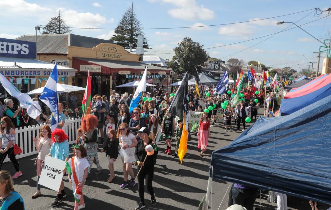Commercial Rd, Koroit, was full of colour and movement for the Irish Festival Street Parade. Picture: Rob Gunstone