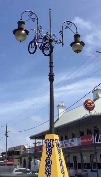 Riding high: How did this bike get up there? Port Fairy sources say it was a joke under the cover of darkness but it's failed to gain traction, out of sight, out of mind.