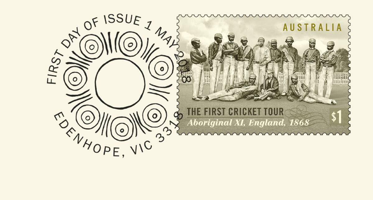 Stamp of approval: The prepaid envelope displaying Warrnambool artist Fiona Clarke's Walkabout Wickets as the postmark, to help commemorate the 150th anniversary of the 1868 Aboriginal cricket team’s tour of the UK. Picture: Australia Post