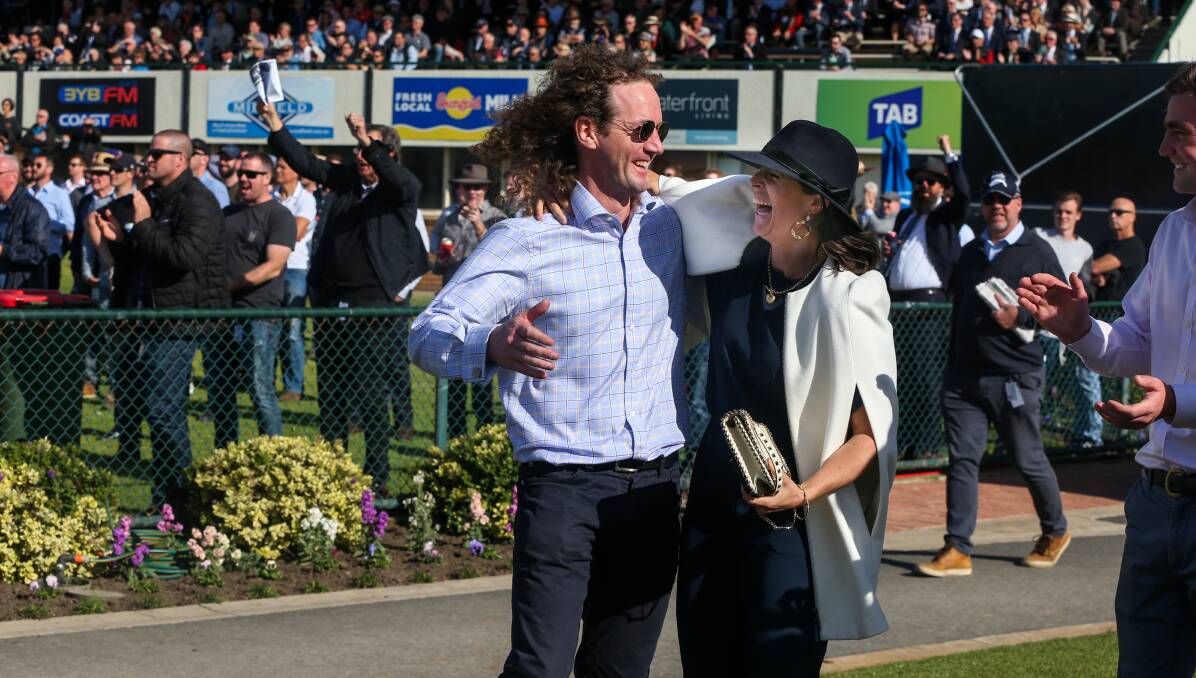 IN FORM: Ciaron Maher and assistant trainer Annabel Neasham celebrate after Big Blue won the Galleywood Hurdle. Picture: Rob Gunstone