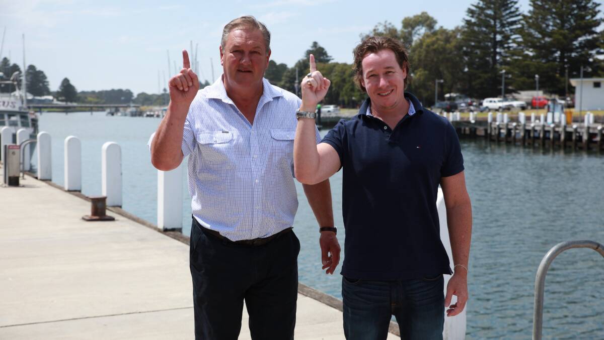 NUMBER one: Moyne Shire mayor Mick Wolfe and Wotif managing director Daniel Finch at Port Fairy on Tuesday.