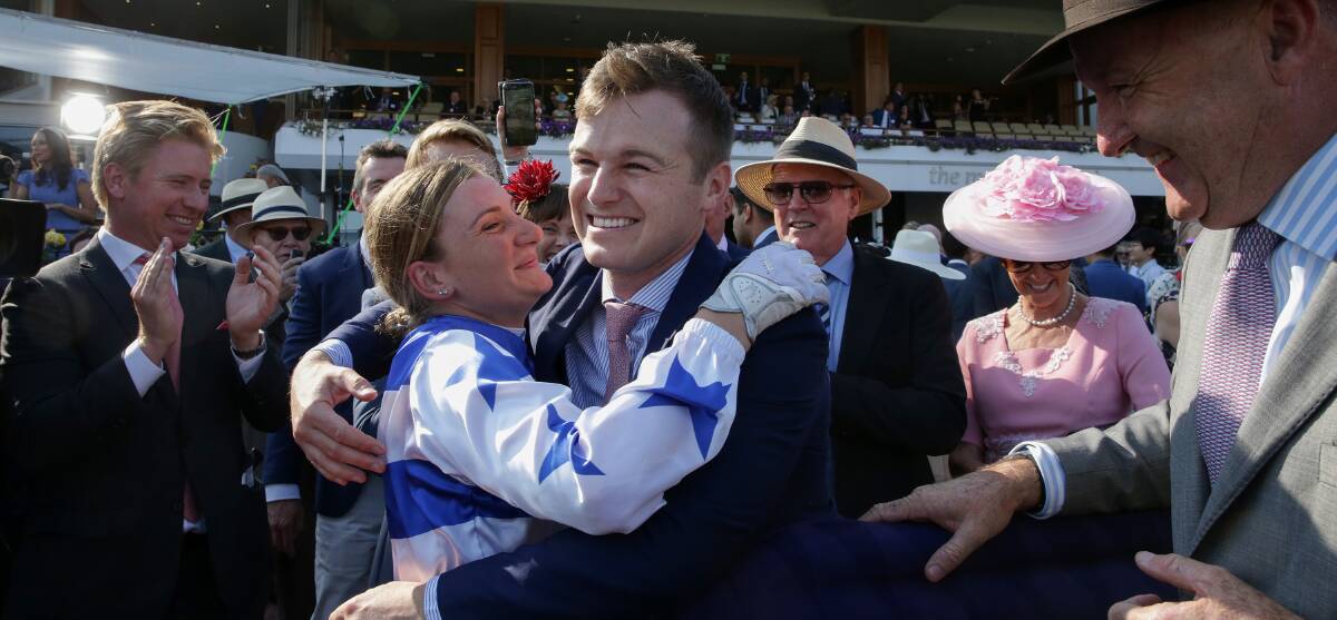 Powerful: Trainer Ben Hayes and Jockey Jamie Kah after claiming victory on Harlem in the TAB Australian Cup at Flemington Racecourse in March. Picture: AAP/George Salpigtidis