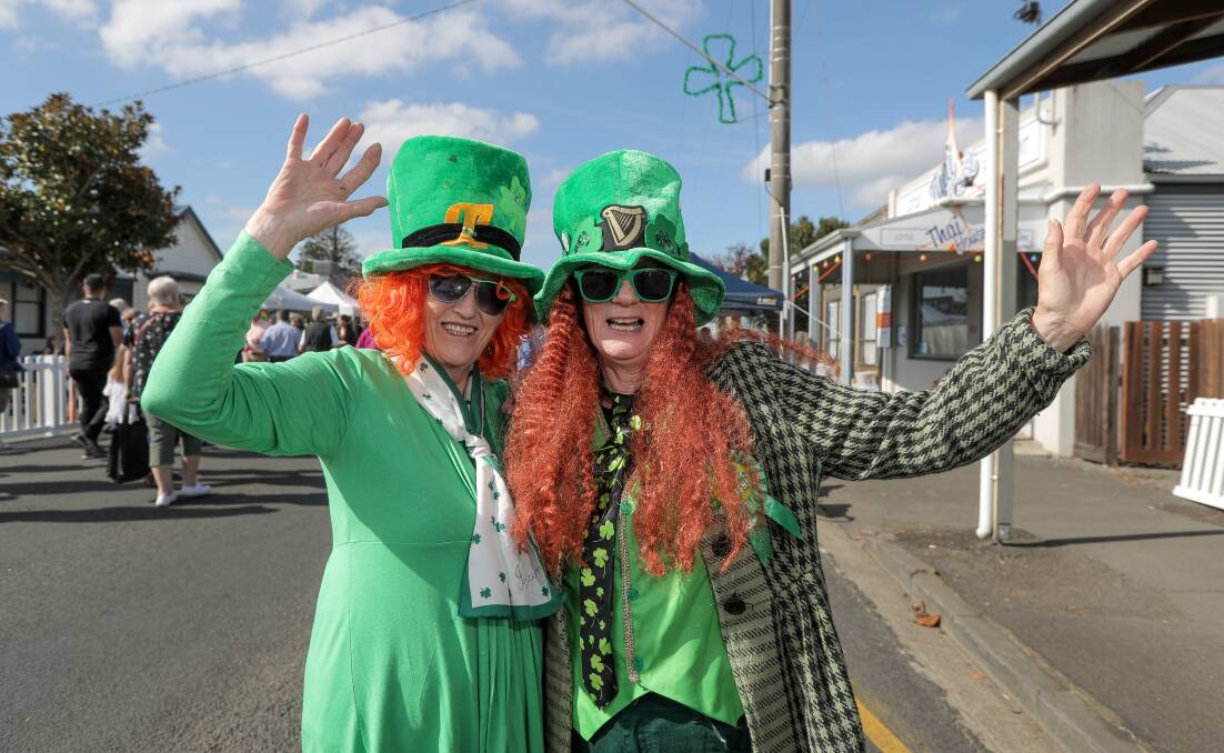 Helen Murphy, Allansford, and Margot Callaghan, Warrnambool, dressed for the occassion at the Koroit Irish Festival street parade. Picture: Rob Gunstone