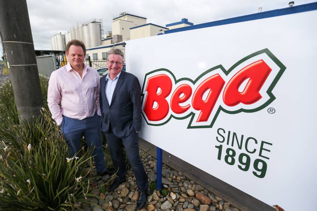 EARNINGS hit: Bega CEO Paul van Heerwaarden and Bega Cheese chair Barry Irvin outside the Koroit Bega factory. Picture: Morgan Hancock