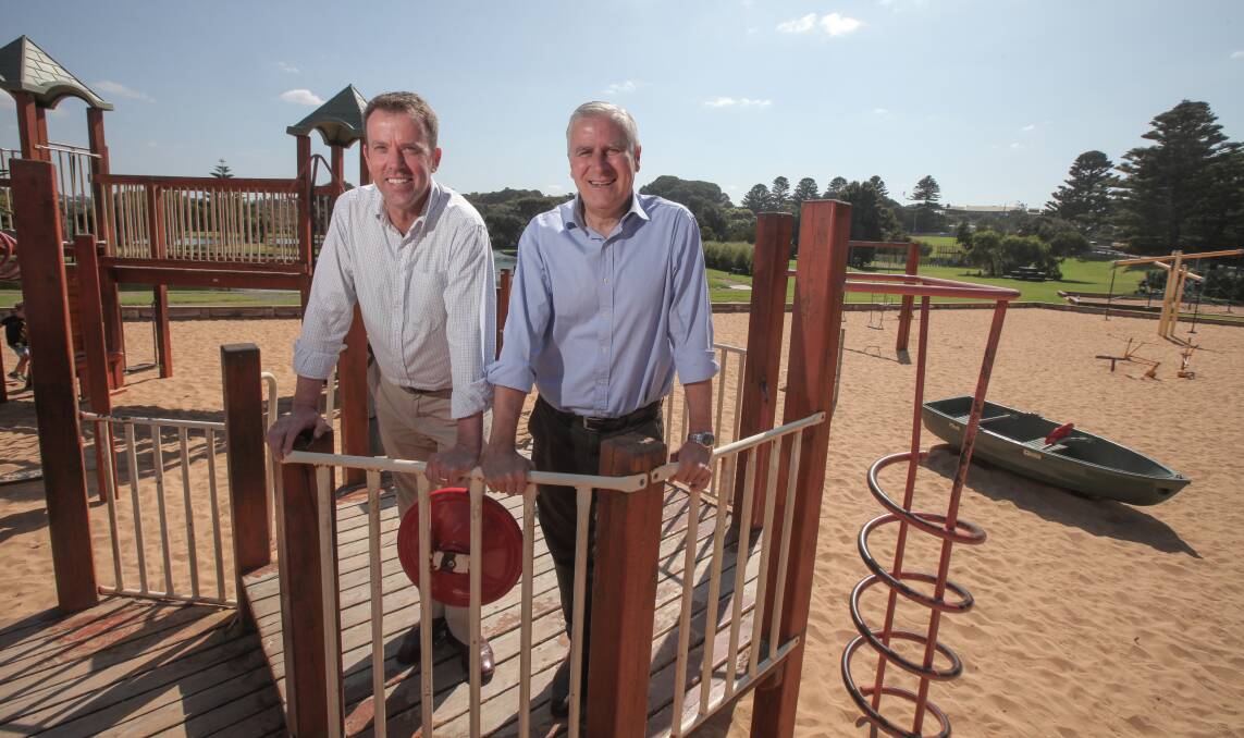 BIG plans: Member for Wannon Dan Tehan and Deputy Prime Minister Michael McCormack at Monday's announcement of $1.45 million for Lake Pertobe improvements. Picture: Rob Gunstone