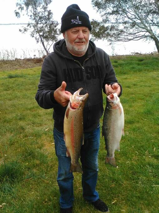 END OF THE RAINBOW: Billy caught the only two fish, these beautiful rainbow trout, on glassies at the Koroit and District Angling Club comp on Sunday at Lake Bolac. 